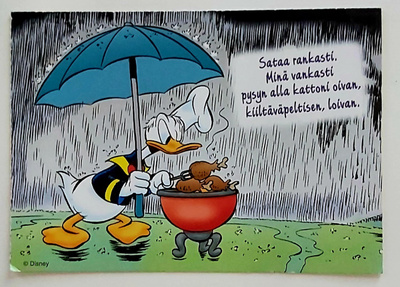 "Aku Ankka grillaa sateella"-KULKEMATON POSTIKORTTI