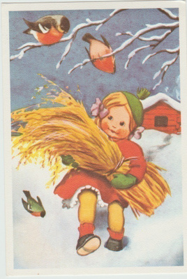 Tyttö tuo lyhdettä linnuille