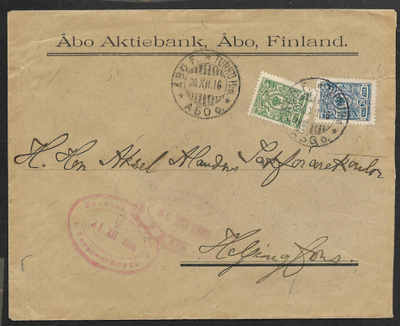 Postil. - 5+20p 1911 (LAPE 62+64) Turku 20.12.1916 +sensuuri
