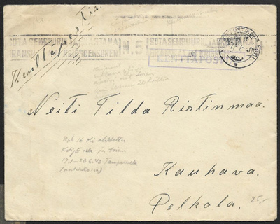 Postilähetys - Kenttäpostia + rullasens. + KPK 16 7.5.40