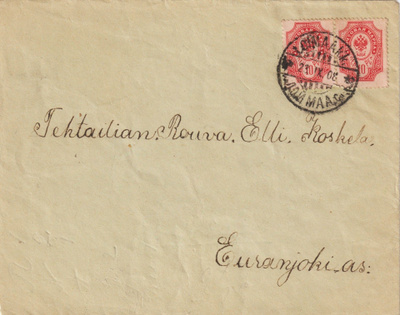 1908 2x10p Kotkamerkkiä kirjeessä Loimaalta Eurajoelle