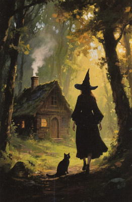 Halloween noita ja kissa, mökin piipusta nousee savua