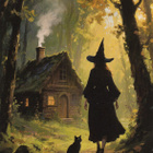 Halloween noita ja kissa, mökin piipusta nousee savua - pikkukuva 1