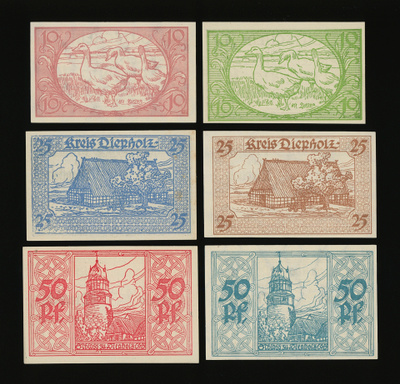 Saksa Notgeld 2 x 10, 2 x 25, 2 x 50 Pfg, Diepholz 1920