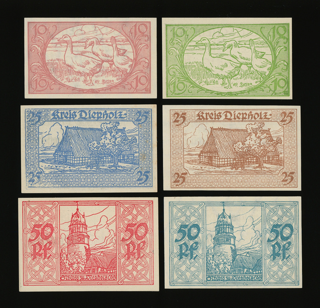Saksa Notgeld 2 x 10, 2 x 25, 2 x 50 Pfg, Diepholz 1920