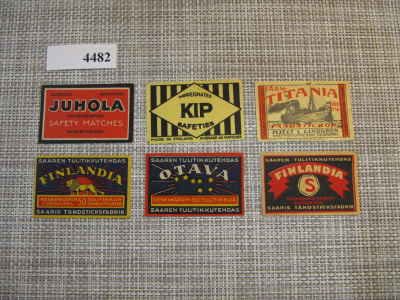 Tulitikkuetikettejä 6 kpl. Mm. KIP.