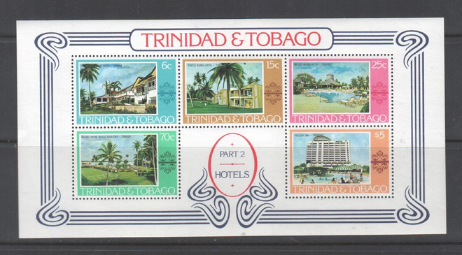 Trinidat ja Tobago hotelleja pienoisarkki postituoreena.