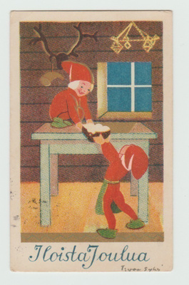Tontut asettavat puurokulhoa pöydälle (7x11) (T)