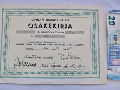 VANHA Osakekirja Lohjan Uimahalli Oy 1969
