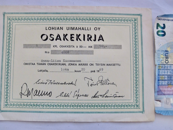 VANHA Osakekirja Lohjan Uimahalli Oy 1969
