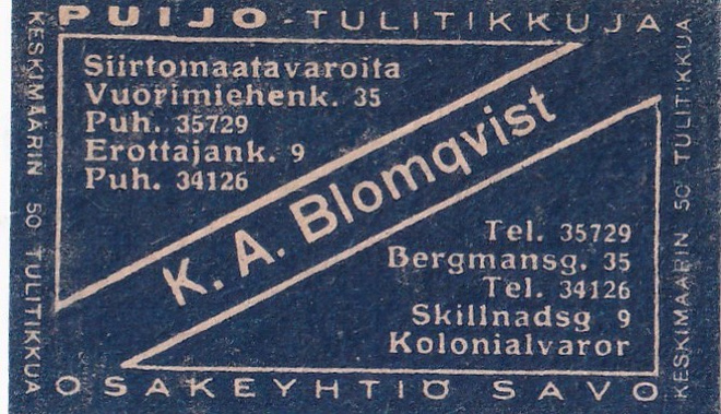 Helsinki, K. A. Blomqvist , Puijo tulitikkuja    8/8