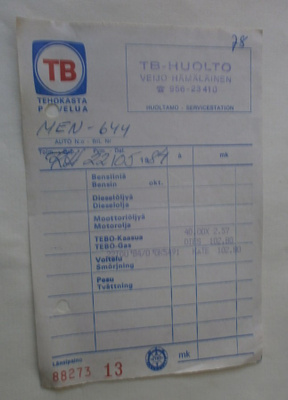 Teboil, huoltamon käteismaksun kuitti v. 1984