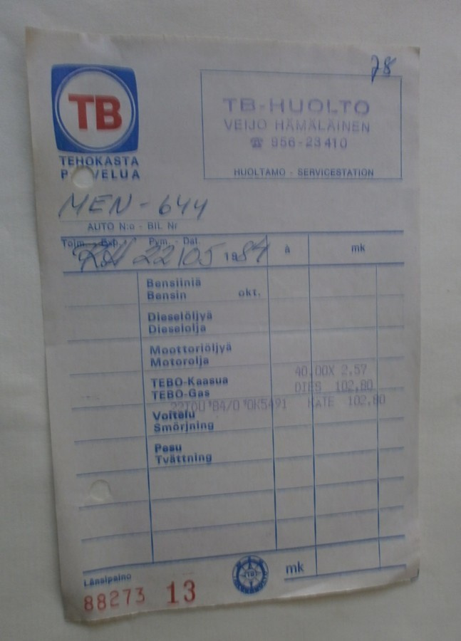 Teboil, huoltamon käteismaksun kuitti v. 1984