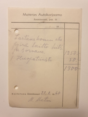 FIRMAKUITTI MATERON AUTOKORJAAMO ÄMMÄNSAARI 1960
