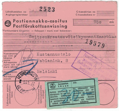 M30 1952 15 mk pun pari postiennakkopaketin palautus