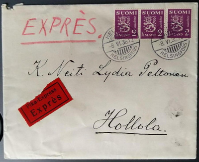 Expres-kirje m/1930 merkein Hollolaan 1936