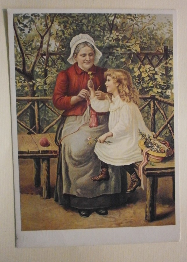 Äiti ja tytär puutarhassa, väripk, p. 1977