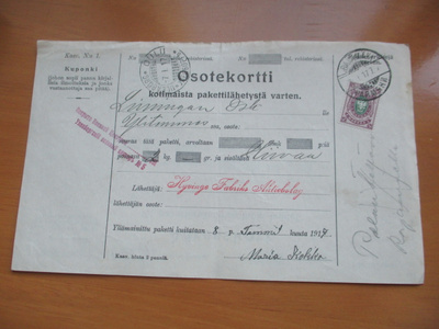 1917 Rajamäki Hyvinge Fabriks Aktiebolag pakettikortti sens