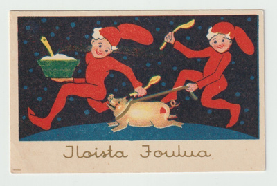 Kaksi tonttua , porsas talutuksessa - puurokulho (11x7) (T)