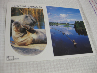 Terveisiä Saimaalta, tarrapostikortti, kulkematon