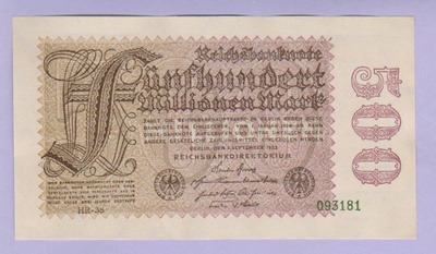 Saksa 500 Millionen Mark Reichsbanknote v.1923 UNC P-110d.1