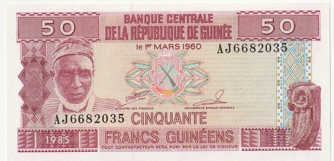 Guinea 50 Frangia 1985, pakkasileä seteli.