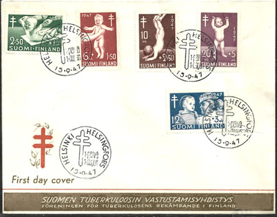 FDC 1947 Tuberkuloosi merkit  LaPe 336 - 340