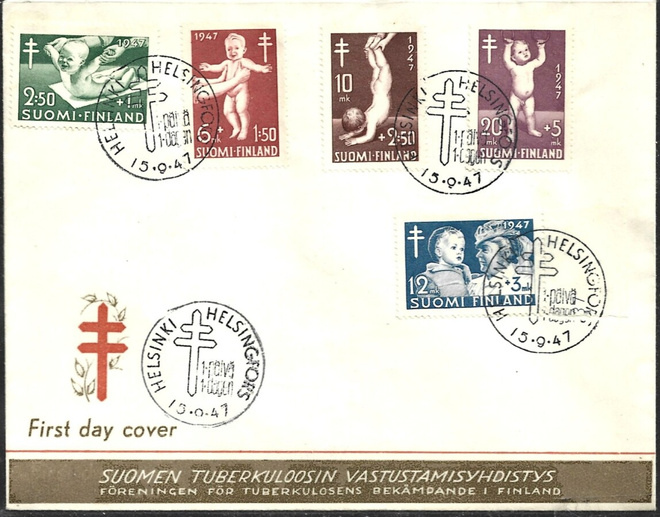 FDC 1947 Tuberkuloosi merkit  LaPe 336 - 340