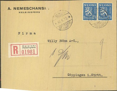1932 2,5mk sin. leijona pari R-kirje Saksaan