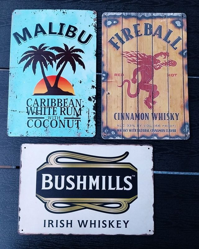 Malibu rommi ja whisky peltikyltit mainokset