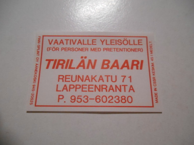 TT Etiketti Tirilän Baari Lappeenranta