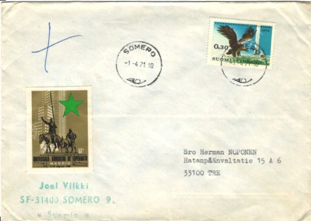 POSTIL SOMERO ,ESPERANTOKIRJE,+KIRJEENSULKIJA
