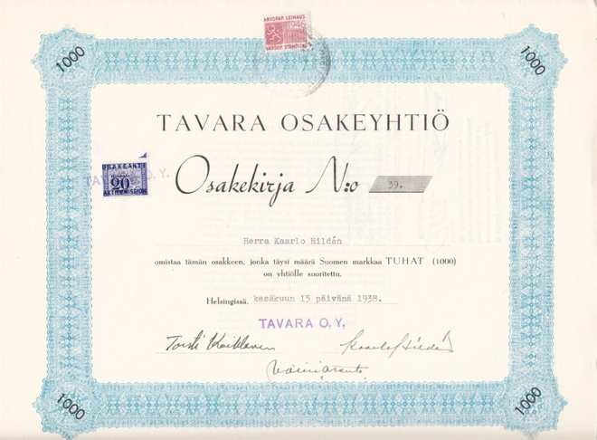 OKK 1938 Tavara Oy, Helsinki osakekirja