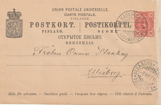 1899 10p Ehiökortti Haukiputaalta Ouluun