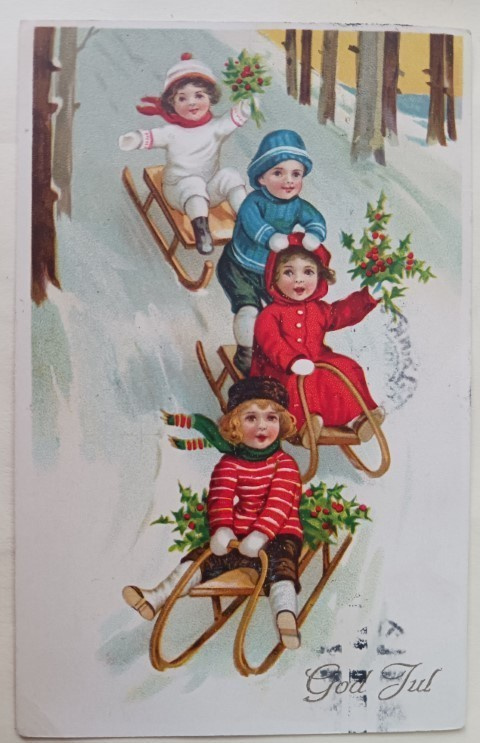 Lapset laskevat kelkkamäessä, vanha joulupk, p. 1929
