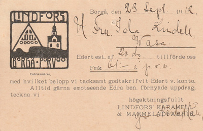 POSTIKORTTI LINDFORS KARAMELL JA MARMELADFABRIK 1912  (AB1)