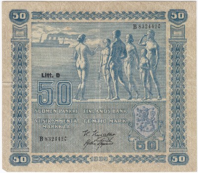 50 Markkaa 1939 Litt.D B-sarjaa, vl.I, kl.4