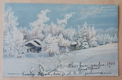 Otto Valstad: Tupa huurteisten puiden keskellä, p. 1903