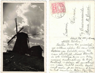 Vanha valokuvakortti, tuulimylly, vuodelta 1934