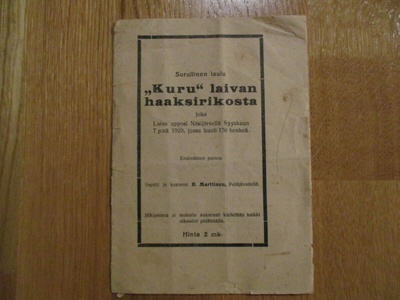 Surullinen laulu " Kuru " laivan haaksirikosta Syyskuu 1929