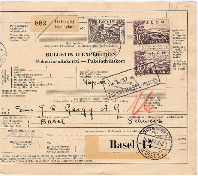 1937 postipaketti Sveitsiin via "Suède, Allemagne"