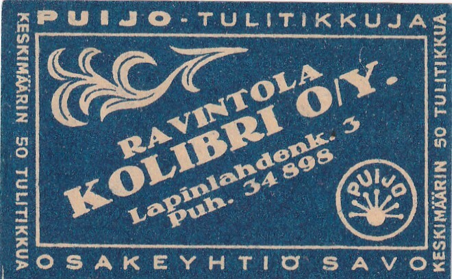 Helsinki, Ravintola Kolibri O/Y , Lapinlahdenk.3 , s21