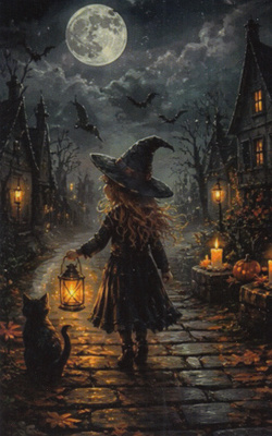 Halloween yö, pieni noitatyttö ja kissa autiolla kadulla