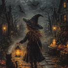 Halloween yö, pieni noitatyttö ja kissa autiolla kadulla - pikkukuva 1