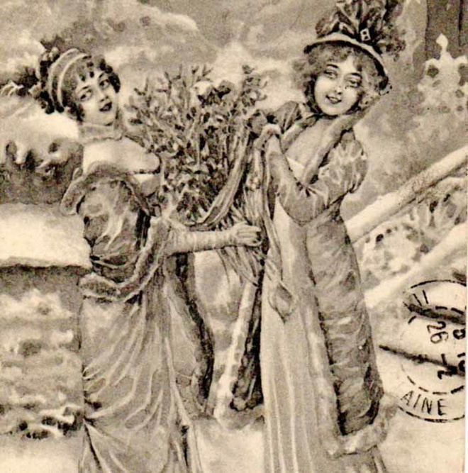 NAINEN / Viktoriaanisen ajan ladyt, lumiset portaat. 1900-l.