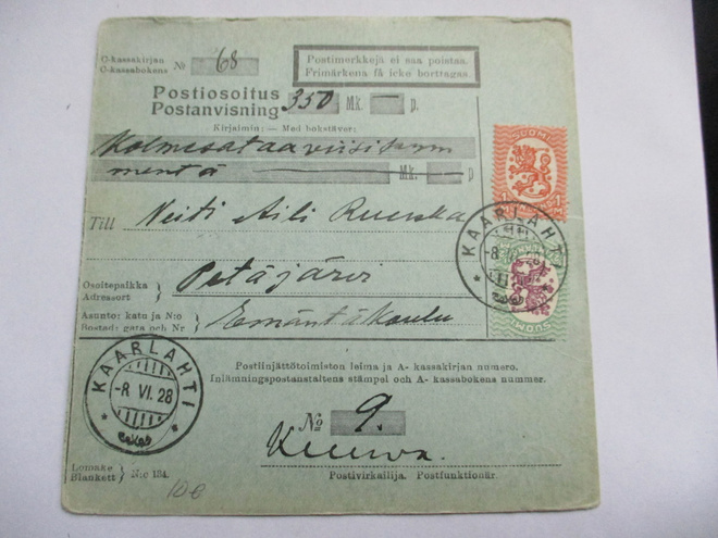 1928 Kaarlahti (Kaukola) postiosoitus