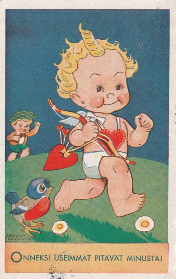 A.Tilgmann Amor juoksee - lintu - poika  - vanha kortti