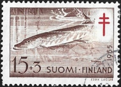 1955 TUB merkki  Hauki  15 + 3 mk leimattu LaPe 444