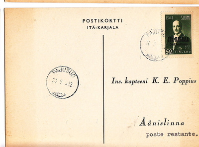 Postikortti Itä-Karjala Sot.Hallinto Pajusuo Leima 1944