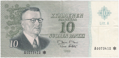 10 Markkaa 1963 Litt.A A-sarjaa tähdellä, kl.5